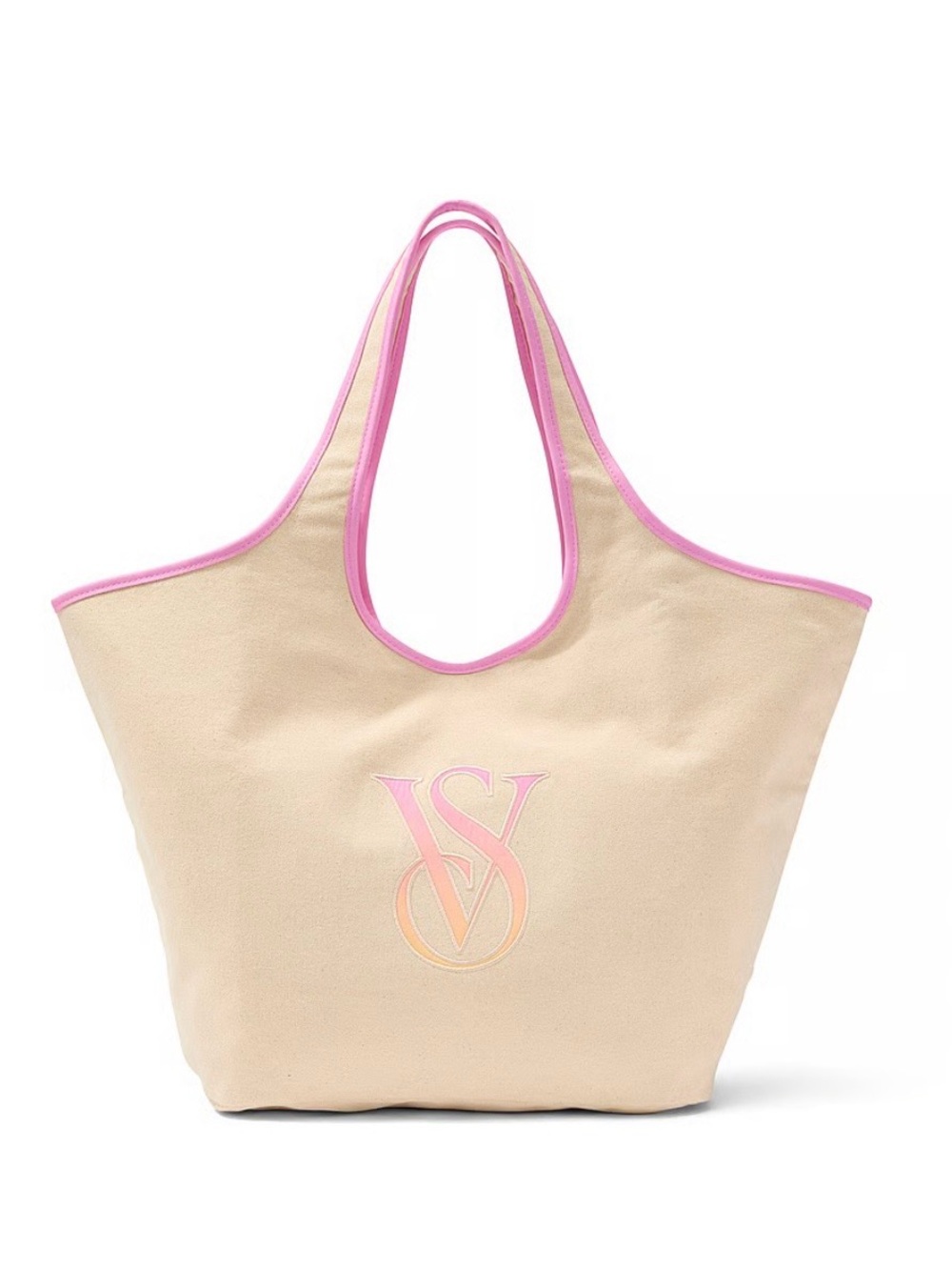 Victoria's Secret Beige Tote with Pink Trim and Logo Accent